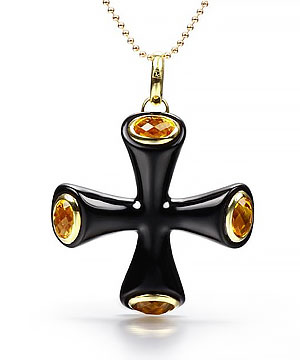 Black Onyx Carved Crystal Cross Pendant with Faceted Citrine in 18k Gold