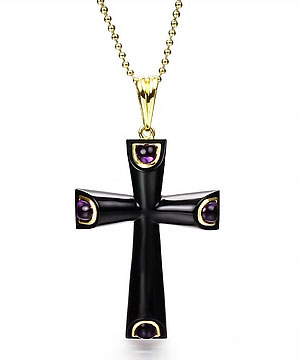 Black Onyx Carved Crystal Cross Pendant with Gemstone Amethyst in 18k Gold