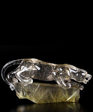 GEMSTONE 7.8" Rutilated Quartz Rock Crystal Crystal Leopard Sculpture With Stand, Crystal Healing