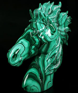 Rare Awesome 7.3" Malachite Carved Crystal Horse Sculpture, Crystal Healing