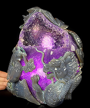 AMAZING 9.3" Agate Amethyst Geode Carved Crystal Dragon Sculpture, Crystal Healing