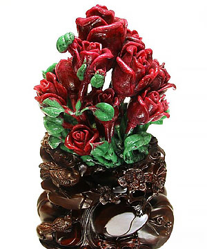 Stunning Gemstone Huge 6.9" Ruby Carved Crystal Roses Sculpture